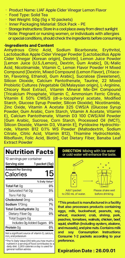 LIAF Apple Cider Vinegar Powder Loaded Tea Packets | Korean Fermented ACV with Mother | Travel Size Instant Dissolving Drink Mix | Sugar Free Energy Boost | Lemon Flavor 10 Count