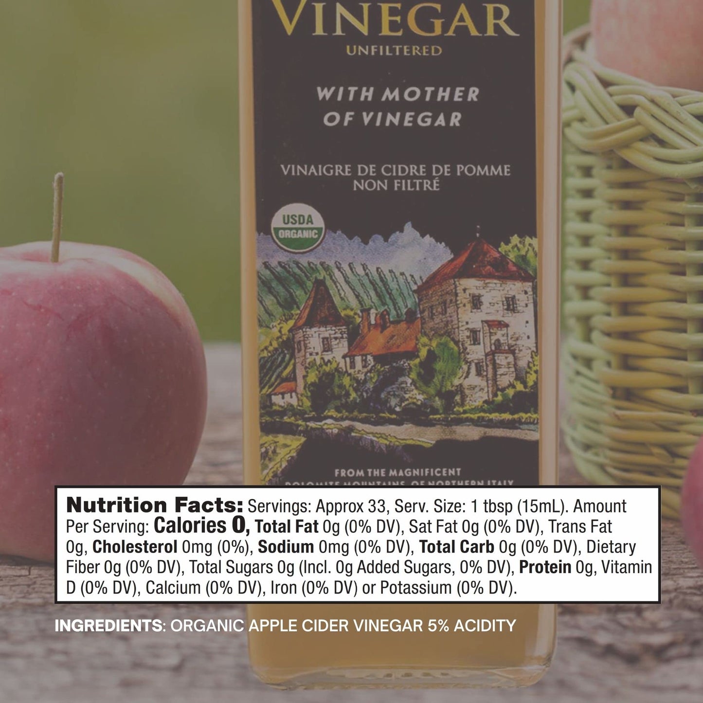 Vinagre de sidra de manzana orgánico italiano Tuscanini con la madre - 480 g