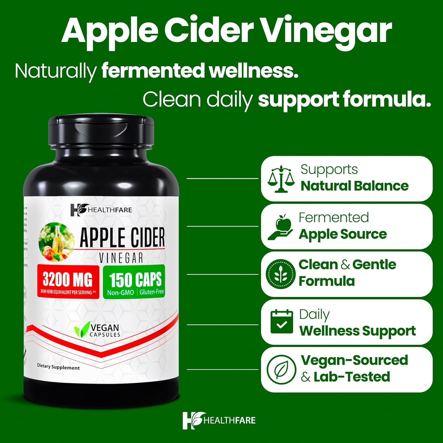 Cápsulas de Vinagre de Sidra de Manzana de Máxima Potencia HealthFare – 3200 mg