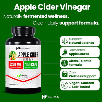 Cápsulas de Vinagre de Sidra de Manzana de Máxima Potencia HealthFare – 3200 mg