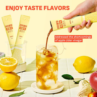 [Liveling] Bebida en barra de vinagre de sidra de manzana – Sabor limón | Apoya la digestión, limpieza diaria, sin azúcar, bajas calorías, paquetes portátiles para llevar (30 barras)