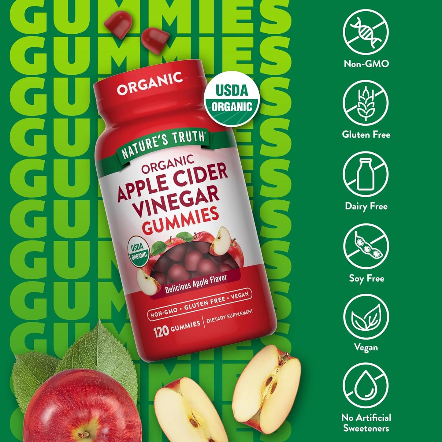 Gomitas de vinagre de sidra de manzana orgánico Nature’s Truth – Sabor a manzana, veganas, 120 unidades