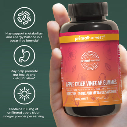 Gomitas de vinagre de sidra de manzana sin azúcar Primal Harvest – 750 mg, 60 unidades