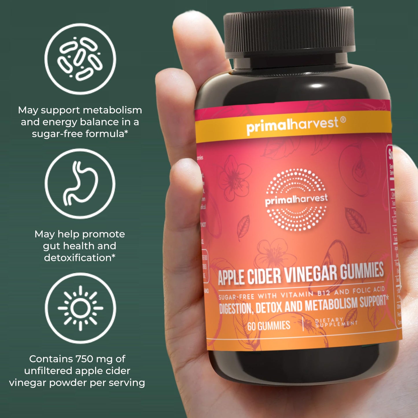 Gomitas de vinagre de sidra de manzana sin azúcar Primal Harvest – 750 mg, 60 unidades