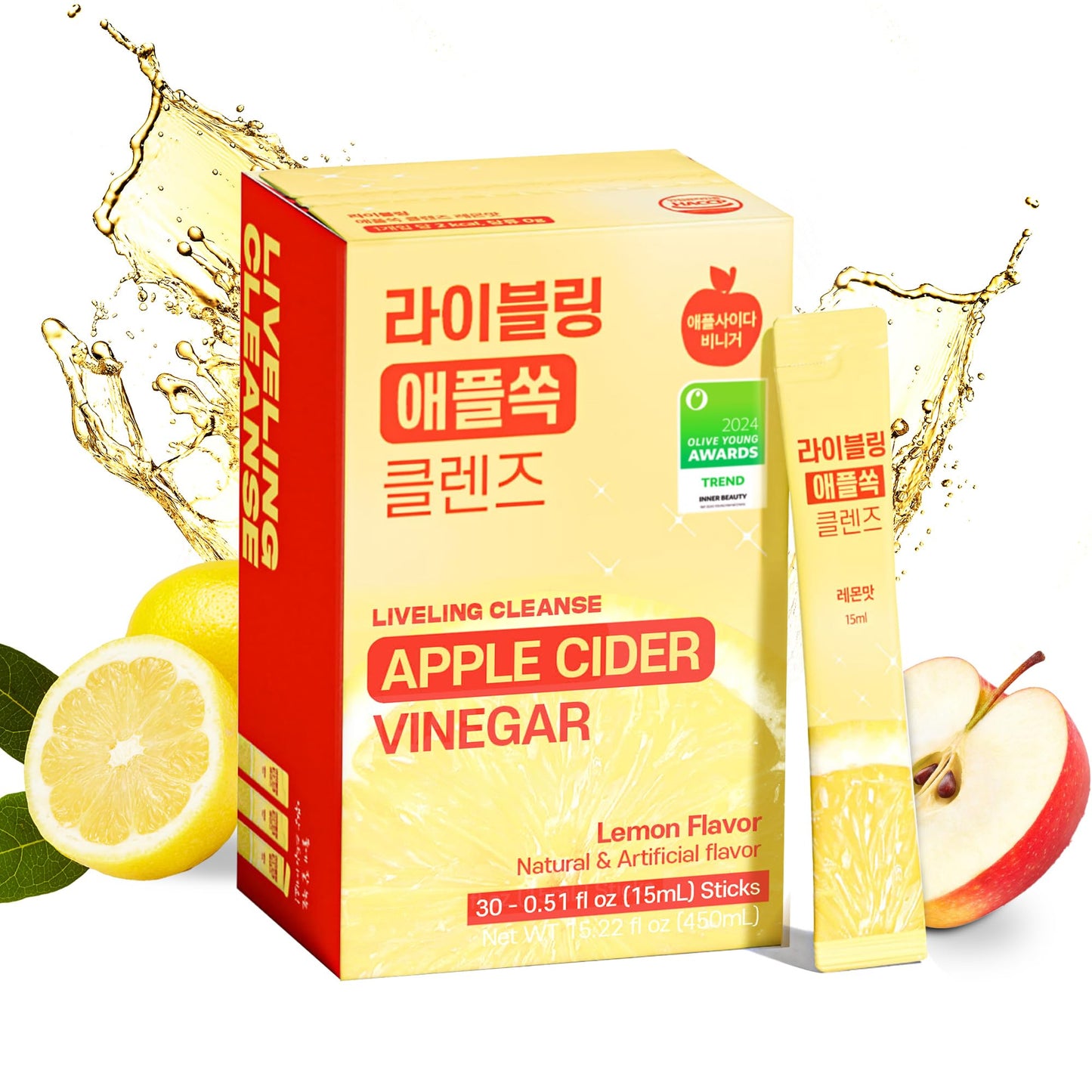 [Liveling] Bebida en barra de vinagre de sidra de manzana – Sabor limón | Apoya la digestión, limpieza diaria, sin azúcar, bajas calorías, paquetes portátiles para llevar (30 barras)