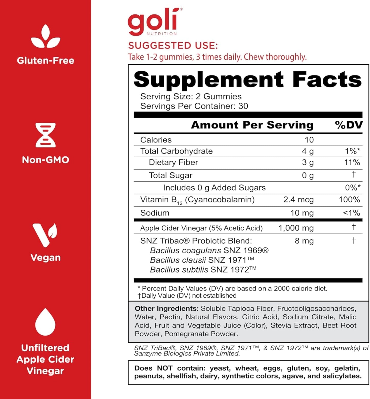 Gomitas Goli Zero Sugar de Vinagre de Sidra de Manzana con Probióticos y Vitamina B12