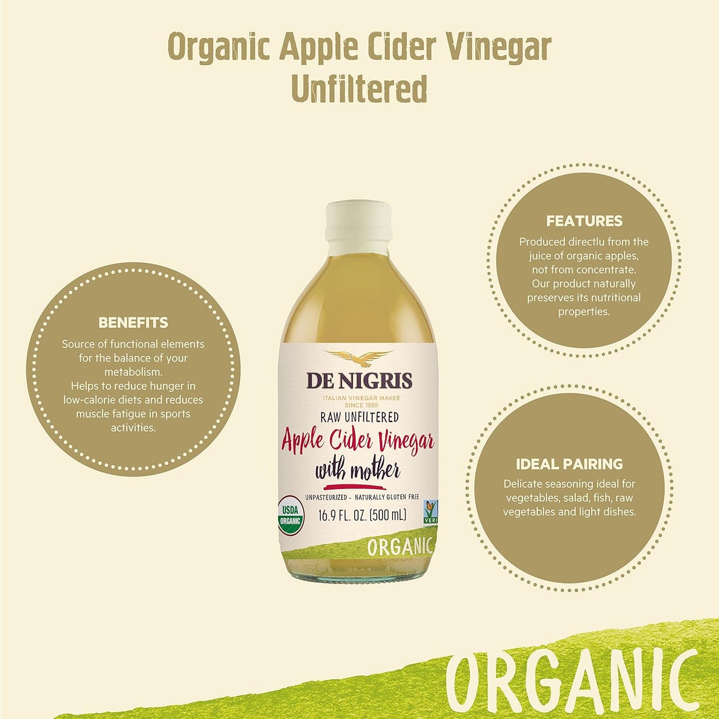 Vinagre de Sidra de Manzana Crudo Orgánico De Nigris con la Madre – Paquete de 2