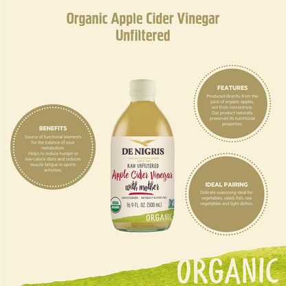 Vinagre de Sidra de Manzana Crudo Orgánico De Nigris con la Madre – Paquete de 2