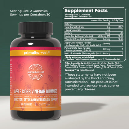 Gomitas de vinagre de sidra de manzana sin azúcar Primal Harvest – 750 mg, 60 unidades