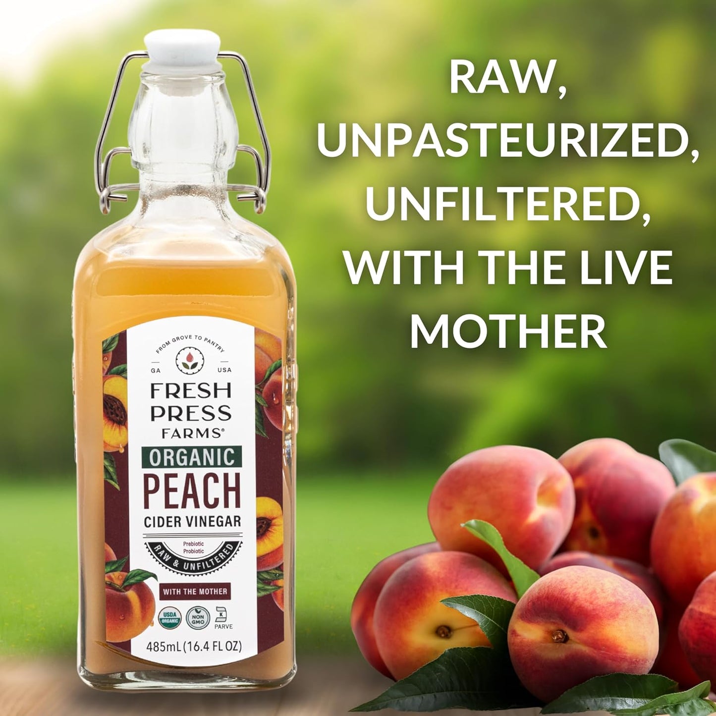 Fresh Press Farms Vinagre de sidra de melocotón orgánico con la madre – 16.4 oz, paquete de 2