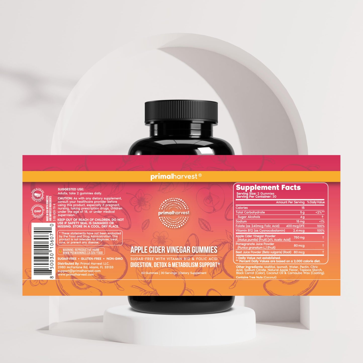 Gomitas de vinagre de sidra de manzana sin azúcar Primal Harvest – 750 mg, 60 unidades