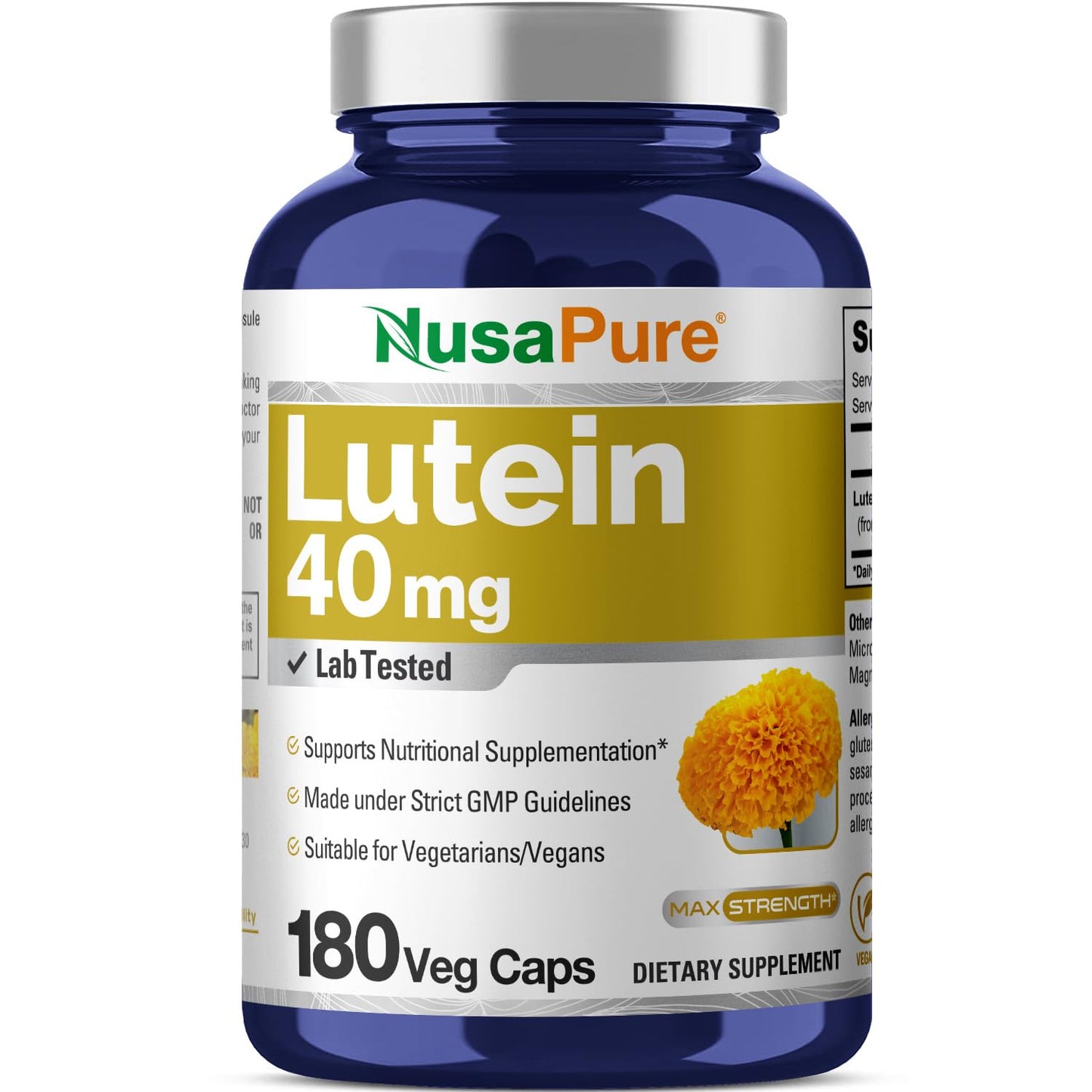 NusasPure Luteína - Apto para vegetarianos/veganos, sin OMG - 40 mg - 180 Cápsulas