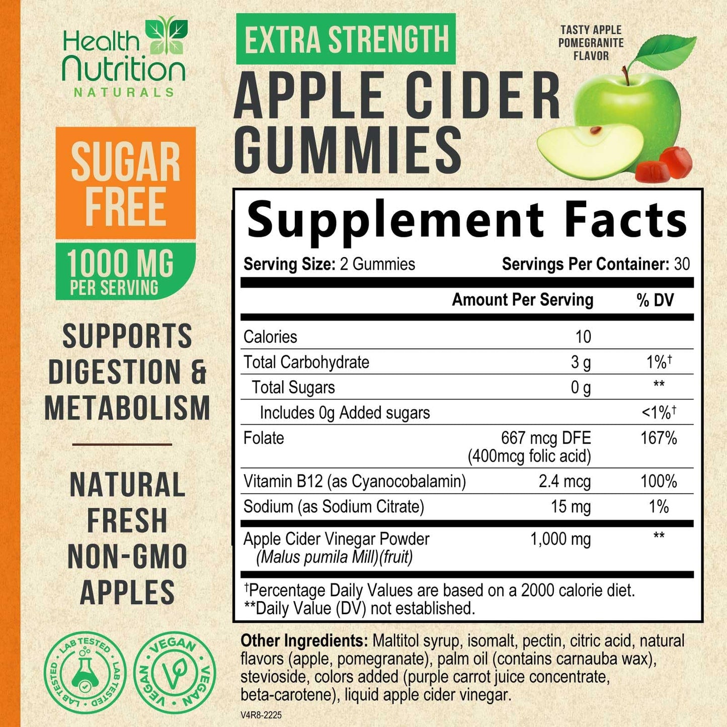 Gomitas de vinagre de sidra de manzana con la madre y vitamina B12, nutrición saludable sin azúcar
