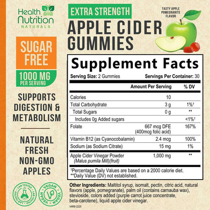 Gomitas de vinagre de sidra de manzana con la madre y vitamina B12, nutrición saludable sin azúcar