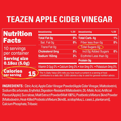 TEAZEN Apple Cider Vinegar Drink Powder Stick – On-the-Go Wellness with 1500mg ACV, Sugar-Free, Postbiotics, 10 Sticks | Supports Digestion & Metabolism