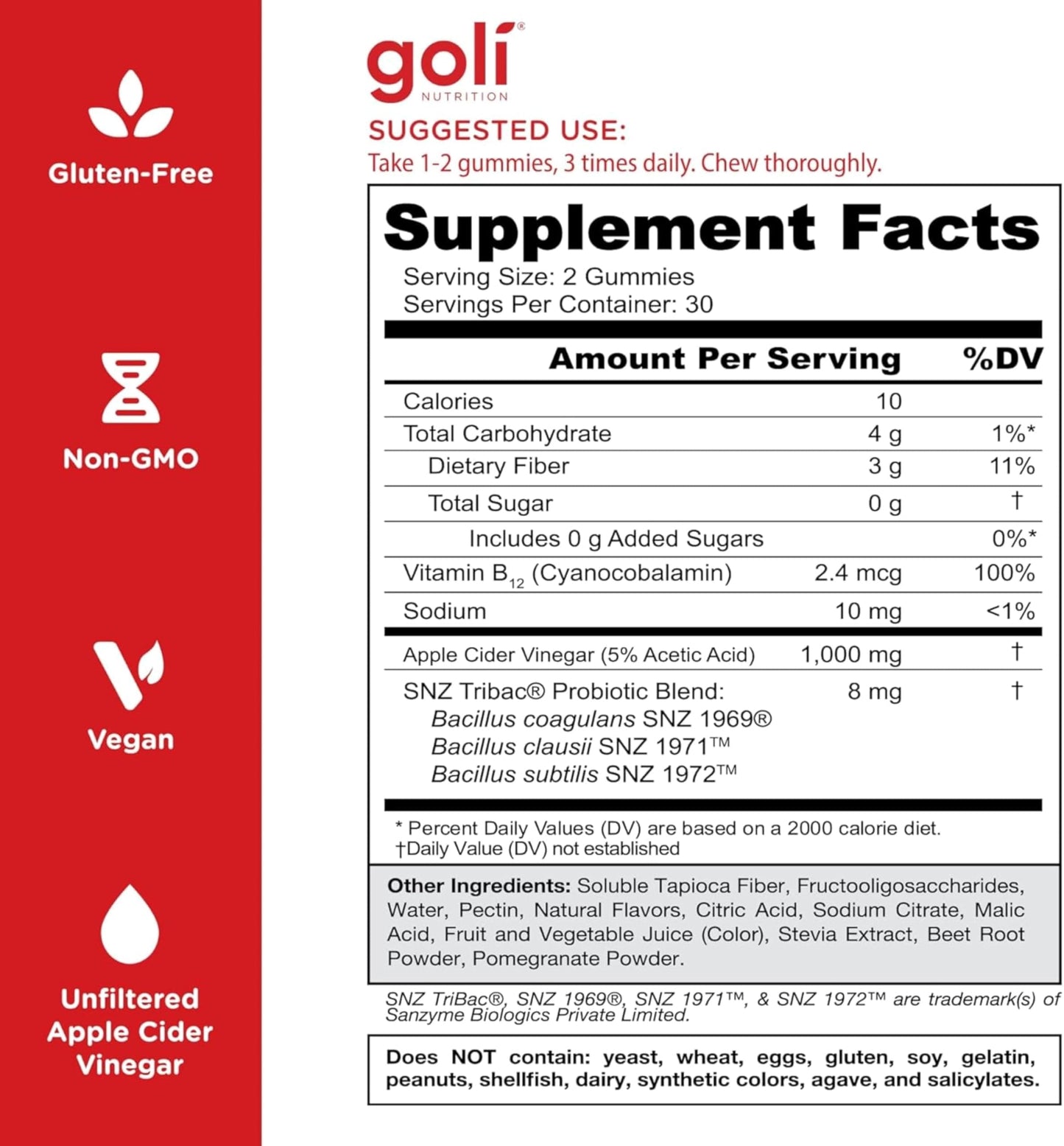 Gomitas Goli Zero Sugar de Vinagre de Sidra de Manzana con Probióticos y Vitamina B12