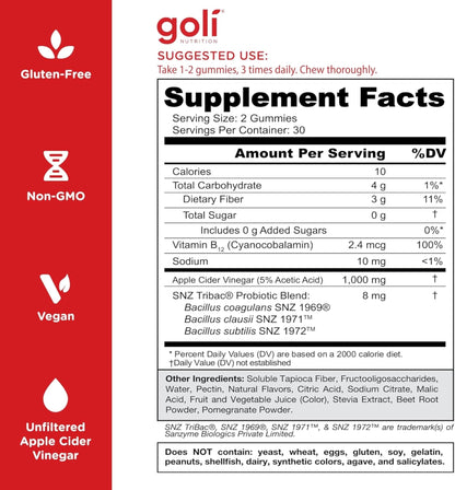 Gomitas Goli Zero Sugar de Vinagre de Sidra de Manzana con Probióticos y Vitamina B12