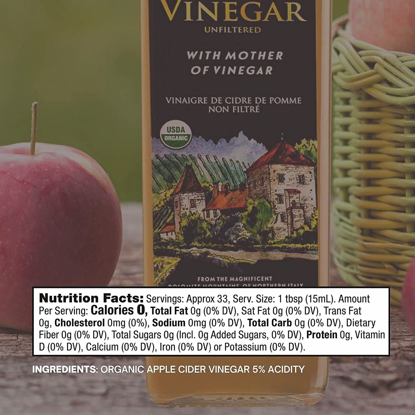 Vinagre de sidra de manzana orgánico italiano Tuscanini con la madre - 480 g