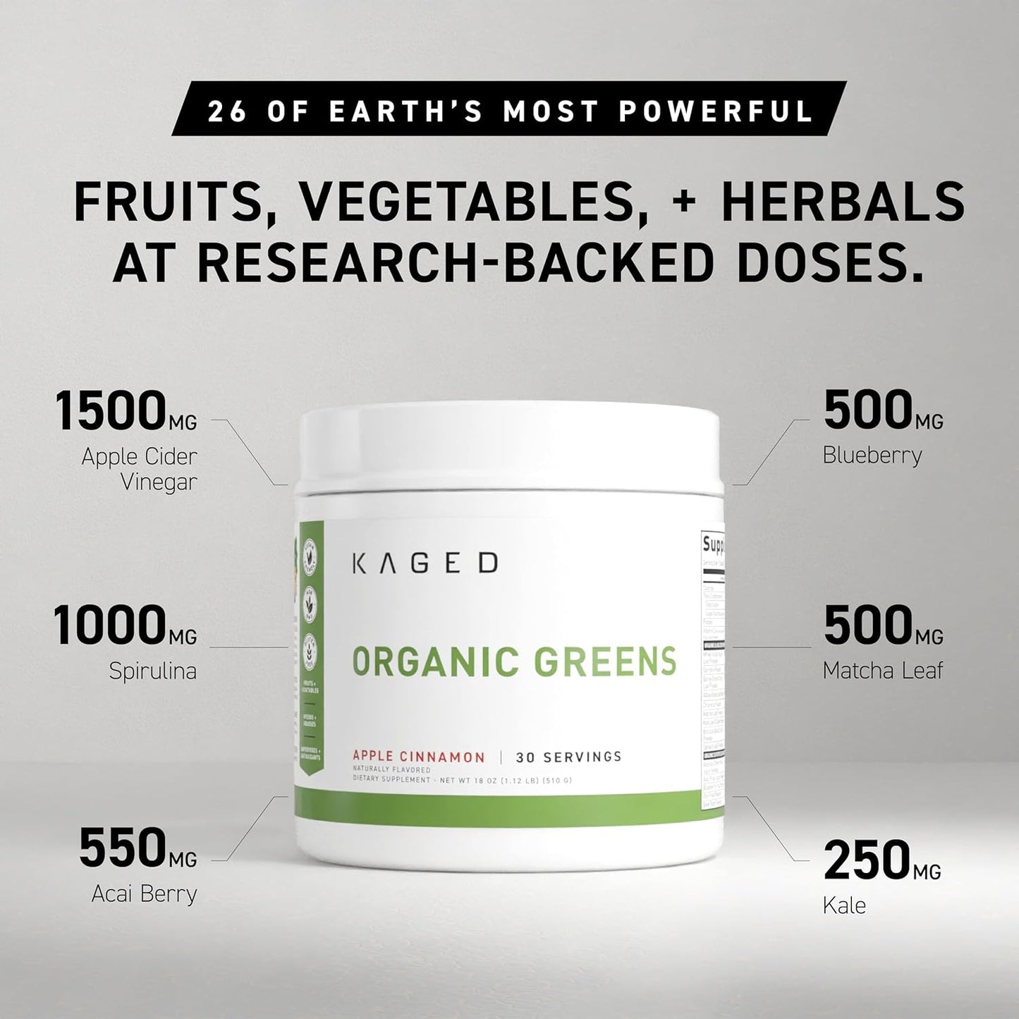 Kaged Outlive 100 Superalimento en polvo de vegetales orgánicos con vinagre de sidra de manzana