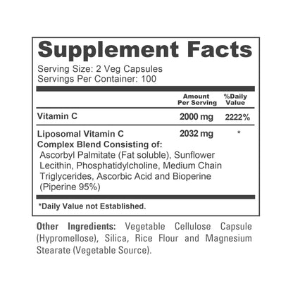 NusaPure Vitamina C Liposomal 2032mg - 200 Cápsulas Veganas, BioPerine - Ácido Ascórbico de Alta Absorción