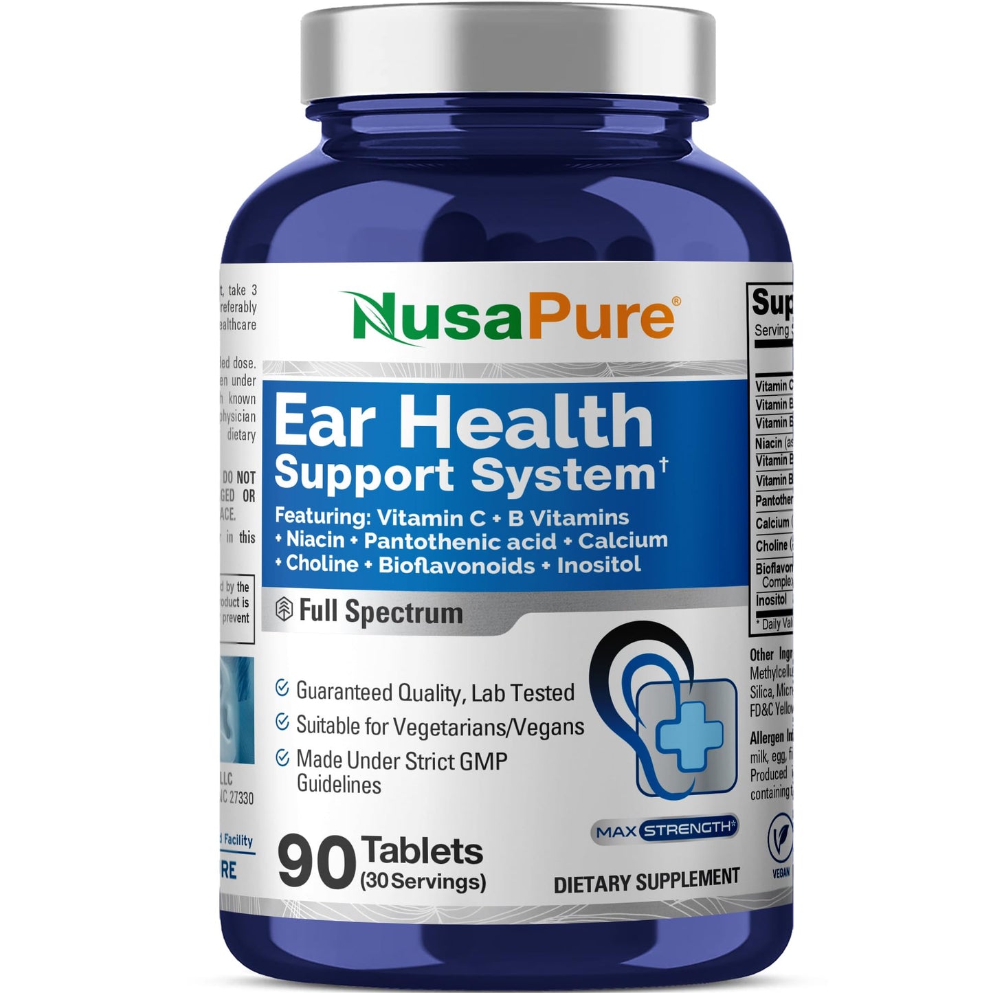 Sistema de apoyo para la salud auditiva de NusaPure – Vitamina C, vitaminas B, niacina, ácido pantoténico, calcio, colina, bioflavonoides e inositol – 90 comprimidos vegetarianos – Calidad GMP y vegano – Probado en laboratorio