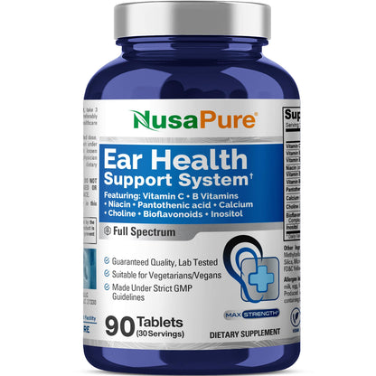 Sistema de apoyo para la salud auditiva de NusaPure – Vitamina C, vitaminas B, niacina, ácido pantoténico, calcio, colina, bioflavonoides e inositol – 90 comprimidos vegetarianos – Calidad GMP y vegano – Probado en laboratorio