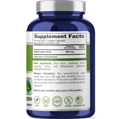 NusaPure Ácido Alfa Lipoico 600 mg por porción 180 Cápsulas Vegetales (Vegetariano, Sin OGM, Vegano)