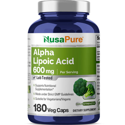 NusaPure Ácido Alfa Lipoico 600 mg por porción 180 Cápsulas Vegetales (Vegetariano, Sin OGM, Vegano)