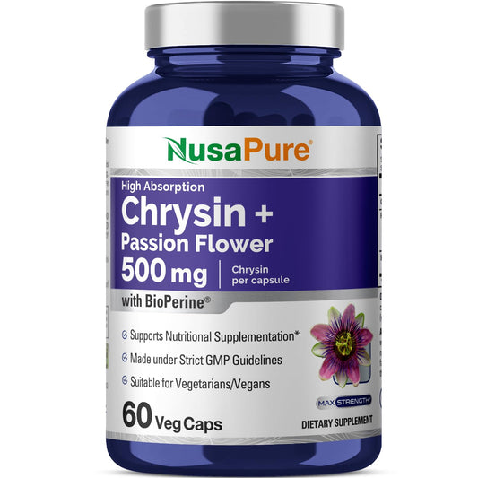 NusaPure Crisina 500mg, 60 Cápsulas Vegetales | Suplemento de Pasiflora Complex 500mg | 5, 7-Dihidroxiflavona | Extracto Concentrado | No OGM, BioPerine