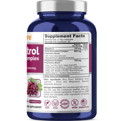 NusaPure Resveratrol y complejo de polifenoles 1450mg 180 cápsulas vegetarianas (sin OMG, vegano) Vitamina C