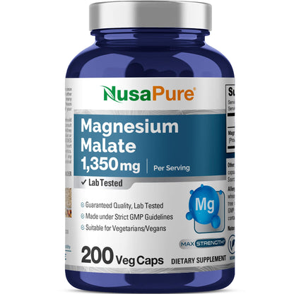 NusaPure Magnesio Malato 1350mg 200 Cápsulas Vegetales (Vegano, Sin OMG, Vegano)