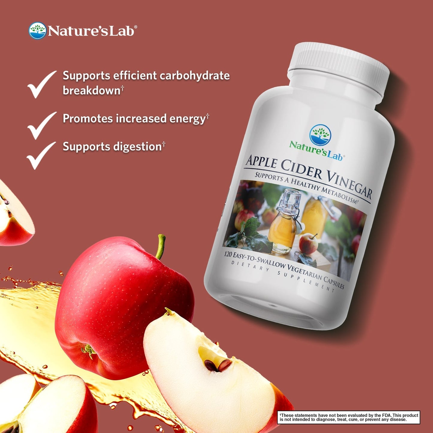 Vinagre de sidra de manzana Nature's Lab con cromo - 120 cápsulas