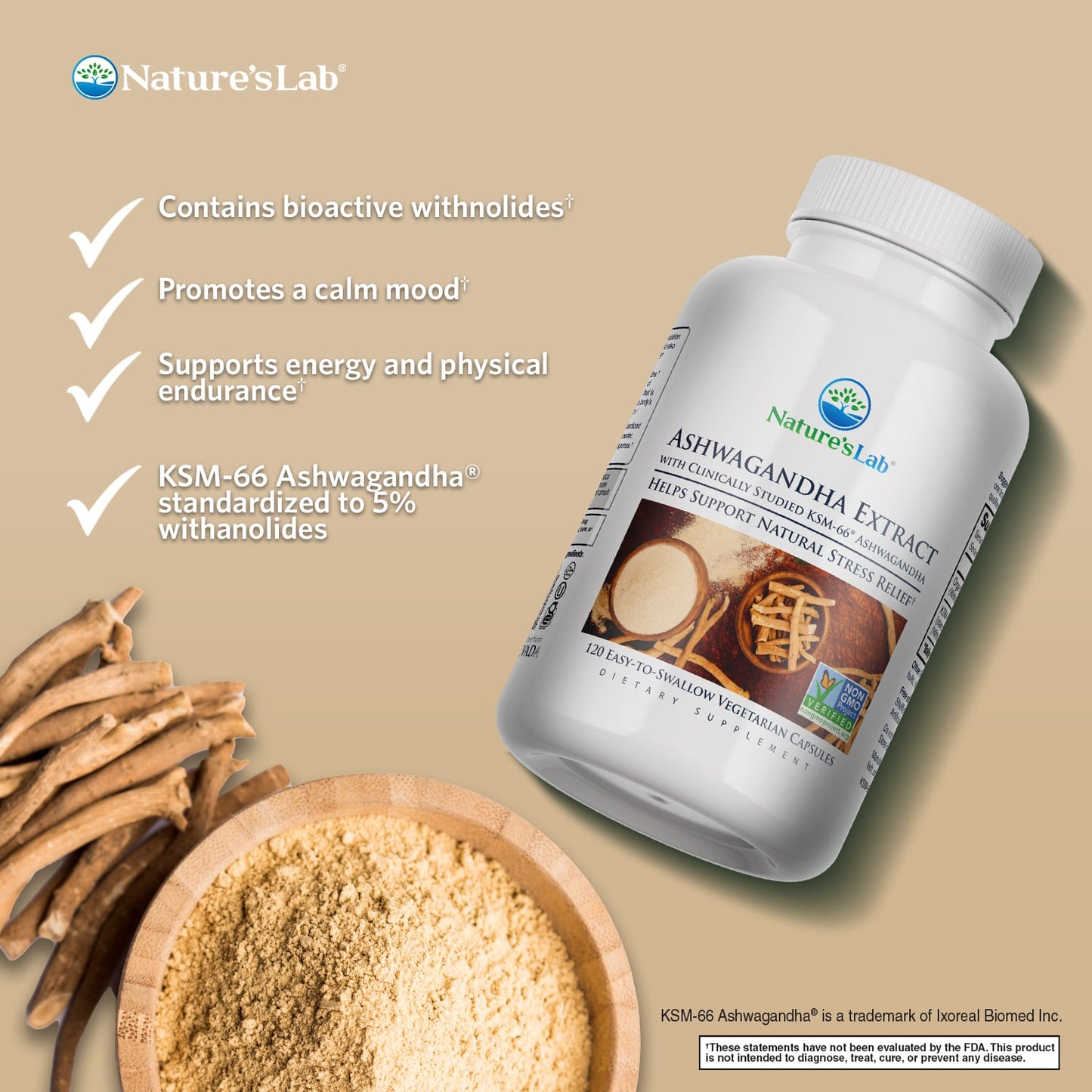 Nature's Lab KSM-66® Extracto de Ashwagandha - 120 Cápsulas