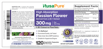 NusaPure Passion Flower 20:1 Extract, 300 mg, 120 Veggie Caps, Non-GMO, Bioperine, Extract Supplement