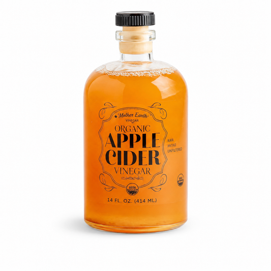 Vinagre de sidra de manzana orgánico Mother Earth con la madre – Botella boticaria de vidrio de 14 oz