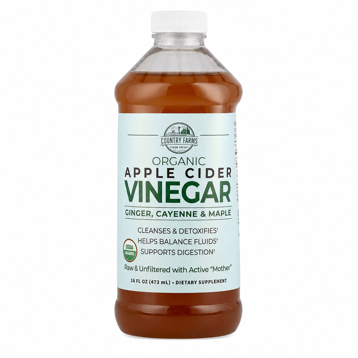 Tónico de vinagre de sidra de manzana orgánico de Country Farms con jengibre, cayena y arce – 16 oz líq.