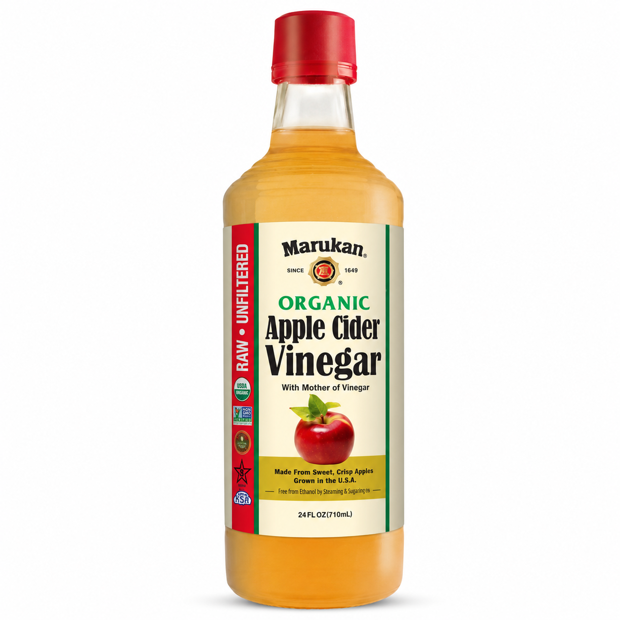 Vinagre de sidra de manzana crudo orgánico Marukan con la madre – 24 oz