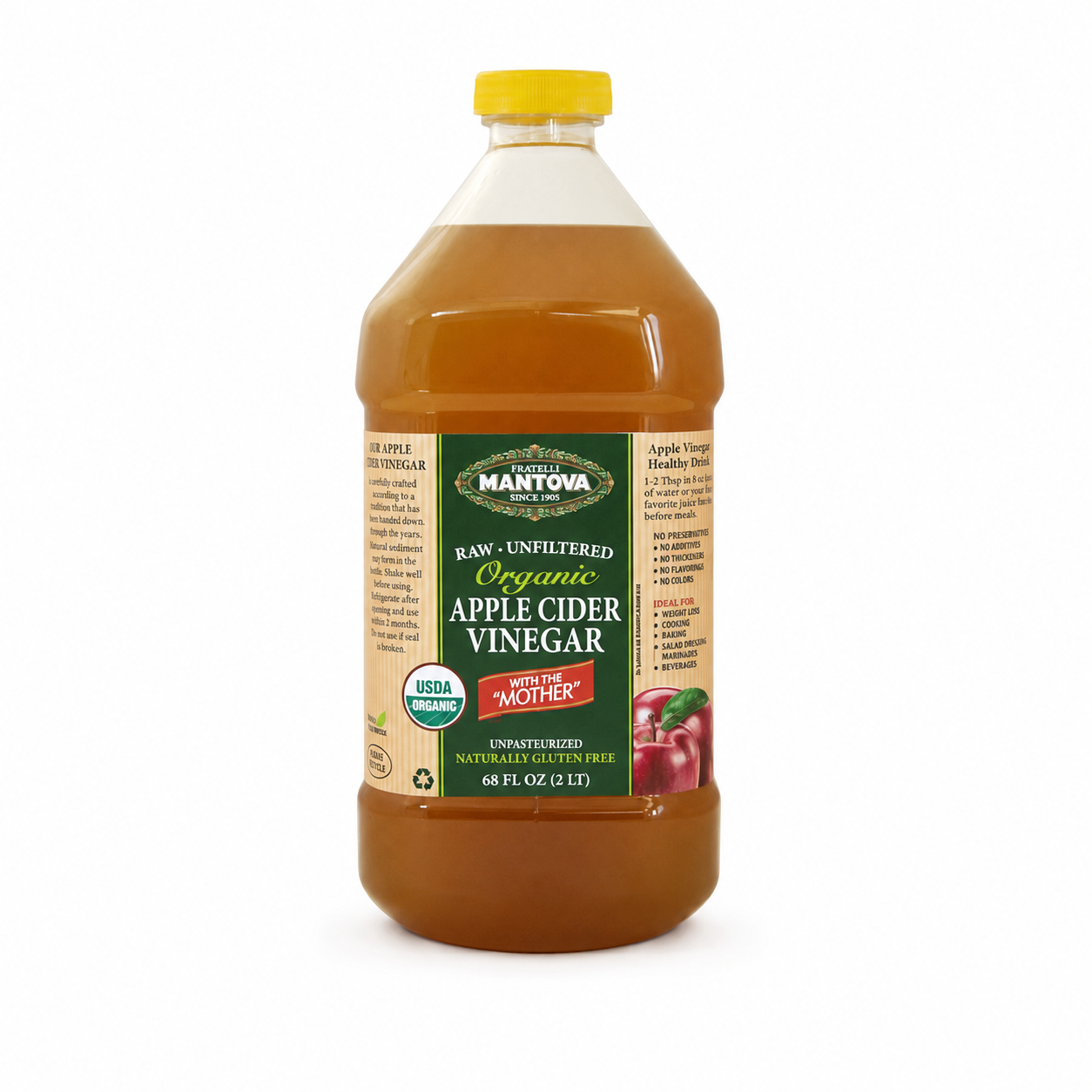 Vinagre de sidra de manzana orgánico Mantova con la madre – Crudo y sin filtrar, 68 fl oz