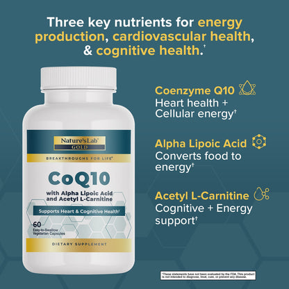 Nature's Lab Gold CoQ10 + Ácido Alfa Lipoico + Acetil L-Carnitina HCl - 60 Cápsulas