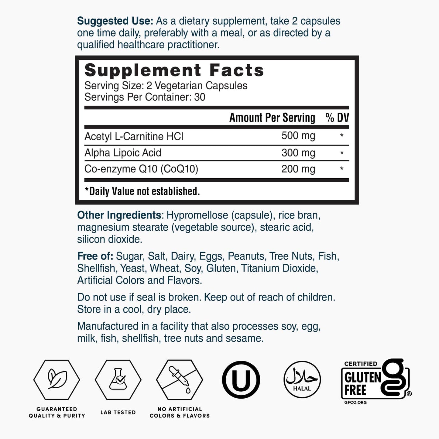 Nature's Lab Gold CoQ10 + Ácido Alfa Lipoico + Acetil L-Carnitina HCl - 60 Cápsulas