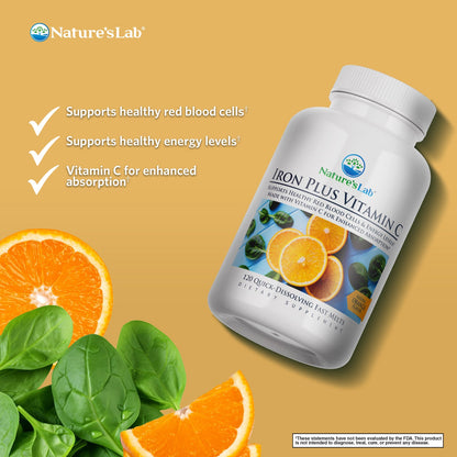 Nature's Lab Hierro Plus Vitamina C Tabletas de Disolución Rápida - 120 Tabletas