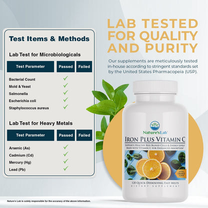 Nature's Lab Hierro Plus Vitamina C Tabletas de Disolución Rápida - 120 Tabletas