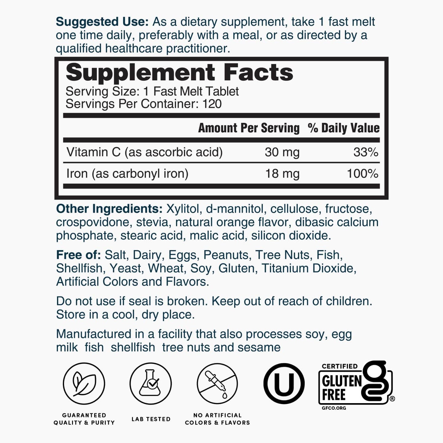 Nature's Lab Hierro Plus Vitamina C Tabletas de Disolución Rápida - 120 Tabletas