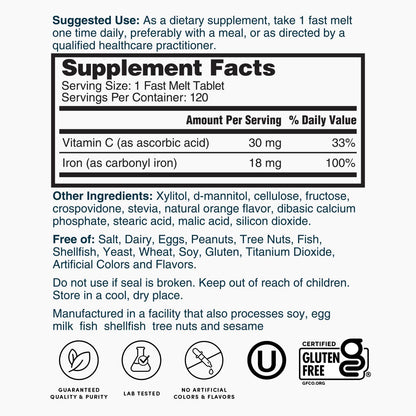 Nature's Lab Hierro Plus Vitamina C Tabletas de Disolución Rápida - 120 Tabletas