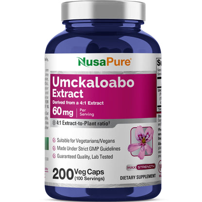 NusaPure Umckaloabo Extracto 4:1, 60 mg Cápsulas Vegetales 200 unidades (sin OMG, vegano)