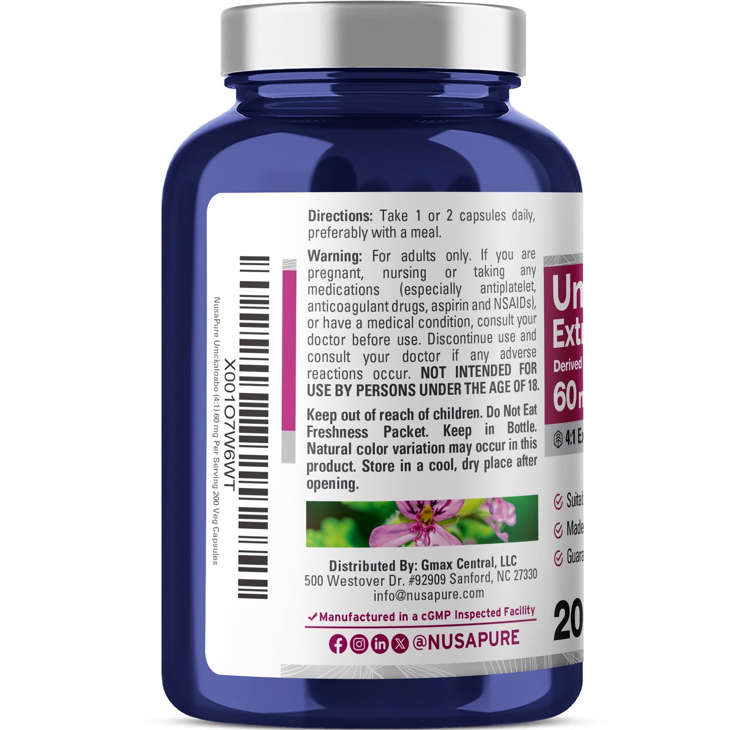 NusaPure Umckaloabo Extracto 4:1, 60 mg Cápsulas Vegetales 200 unidades (sin OMG, vegano)