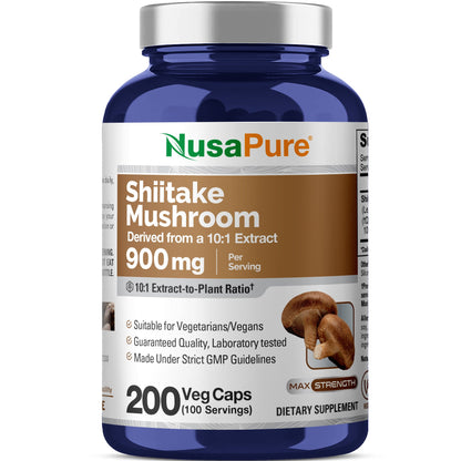 NusaPure Shiitake Mushroom Extracto 10:1, 900 mg 200 Cápsulas Vegetales (Sin OGM, Vegano)
