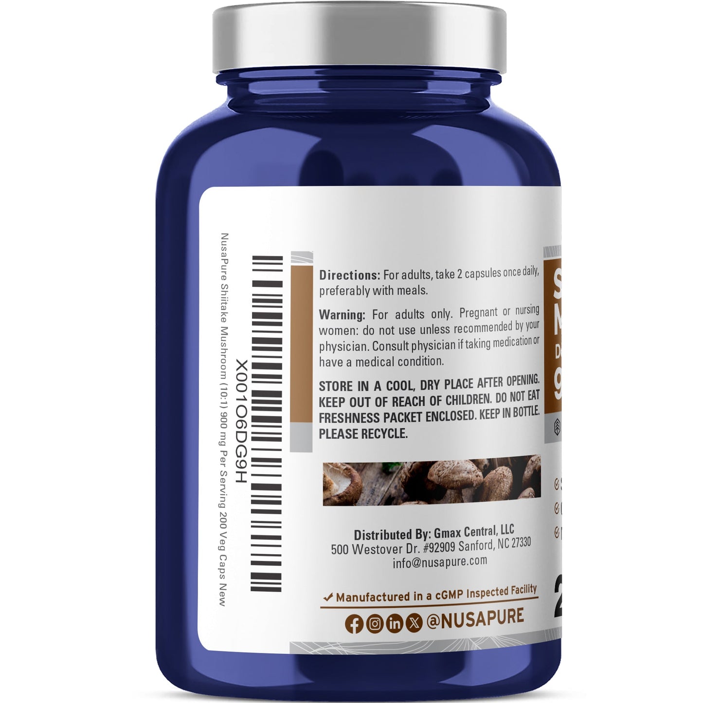NusaPure Shiitake Mushroom Extracto 10:1, 900 mg 200 Cápsulas Vegetales (Sin OGM, Vegano)