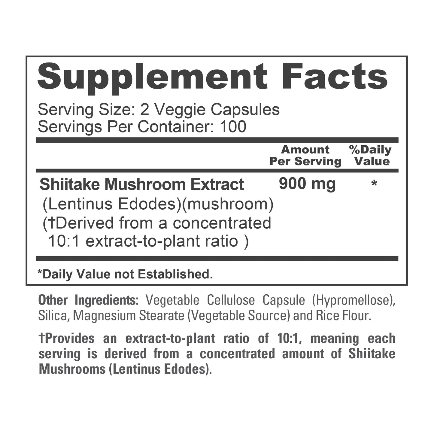 NusaPure Shiitake Mushroom Extracto 10:1, 900 mg 200 Cápsulas Vegetales (Sin OGM, Vegano)