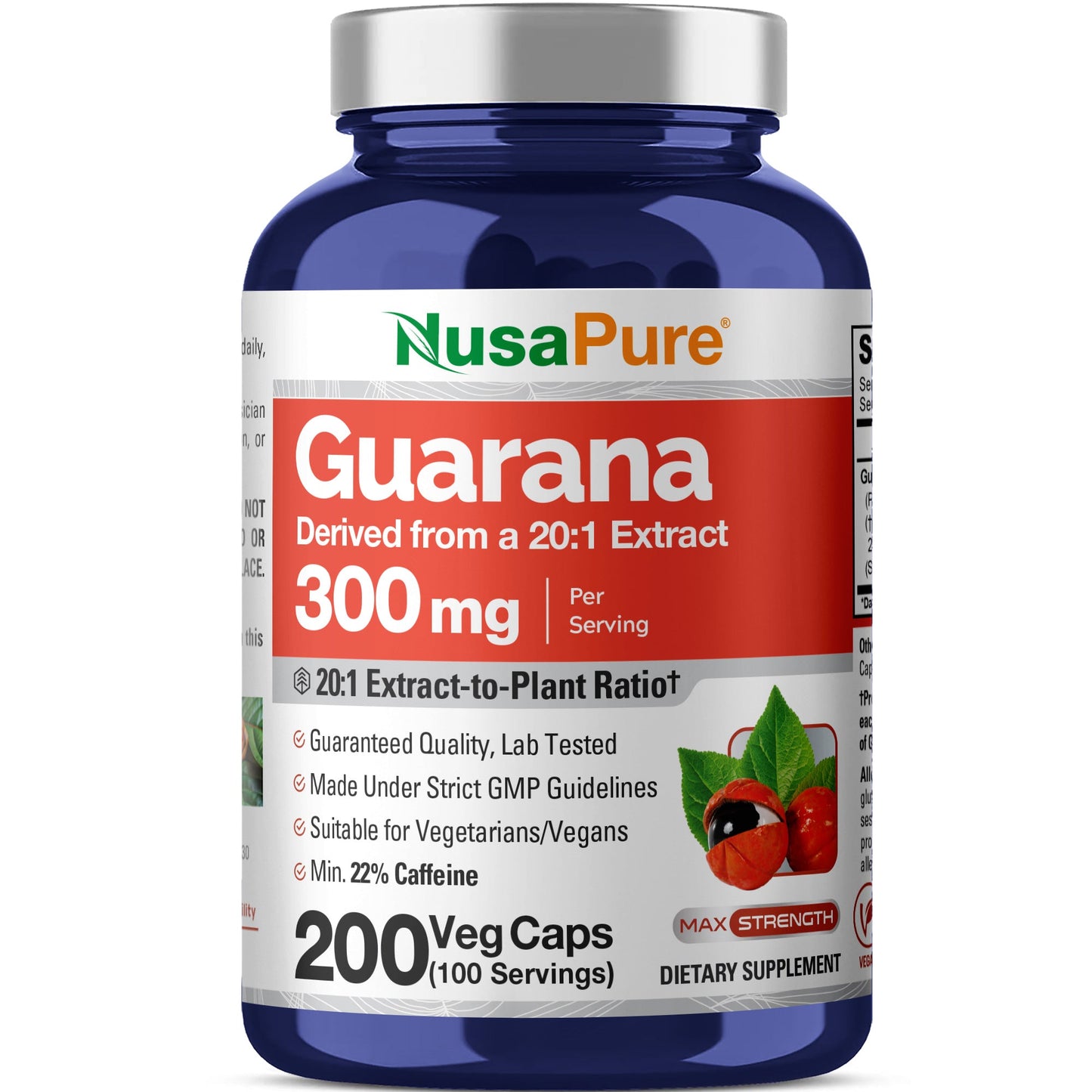 NusaPure Extracto de Guaraná Extracto 20:1, 300 mg por Cápsula Vegetal 200 Unidades (No OGM, Vegano)